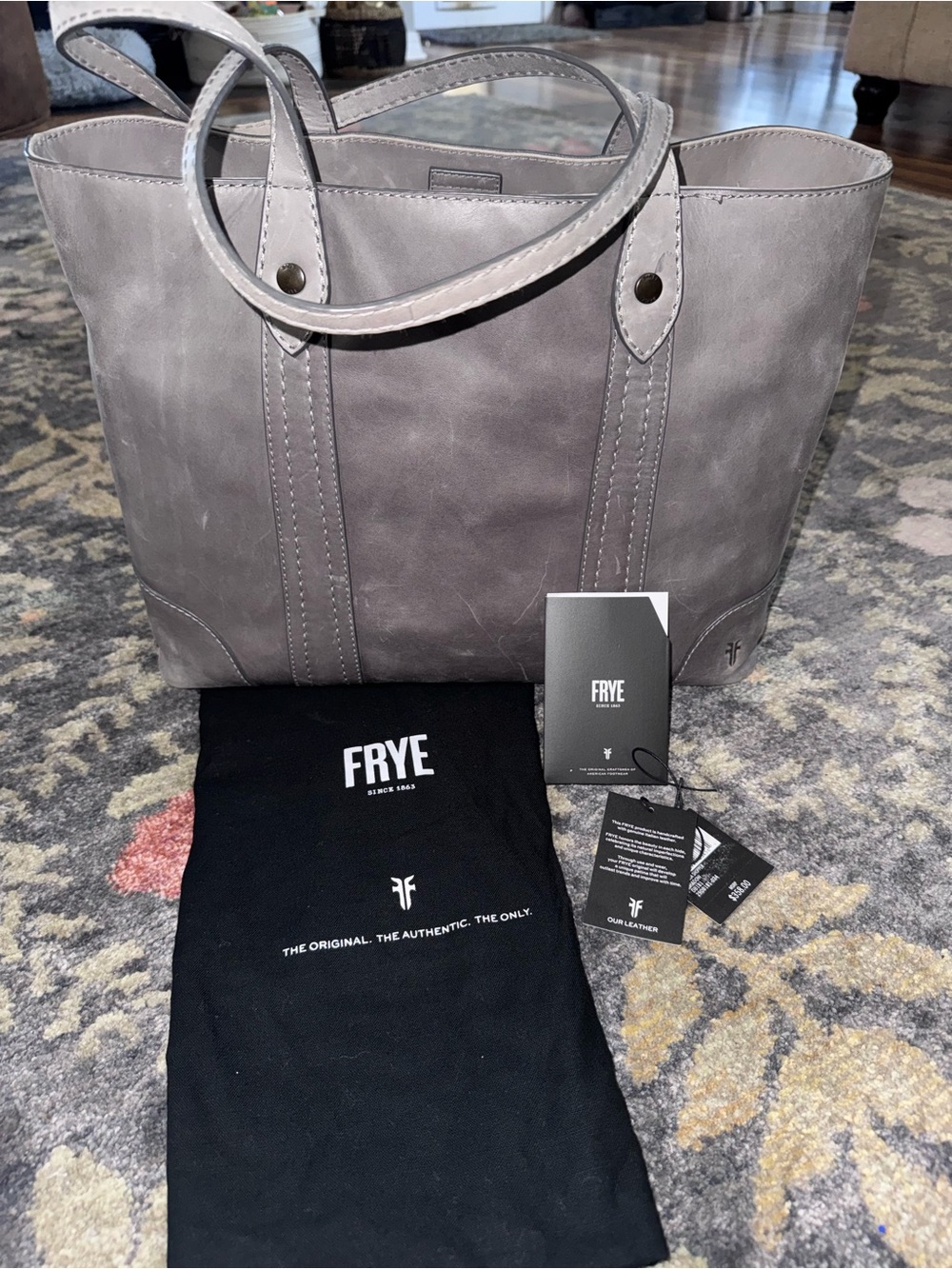 Frye Gray Leather Tote with Double Strap Handles